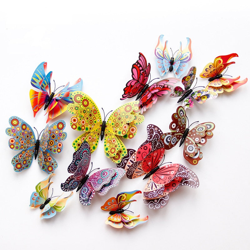 New style 12Pcs Double layer 3D Butterfly Wall Sticker on the wall Home Decor Butterflies for decoration Magnet Fridge stickers