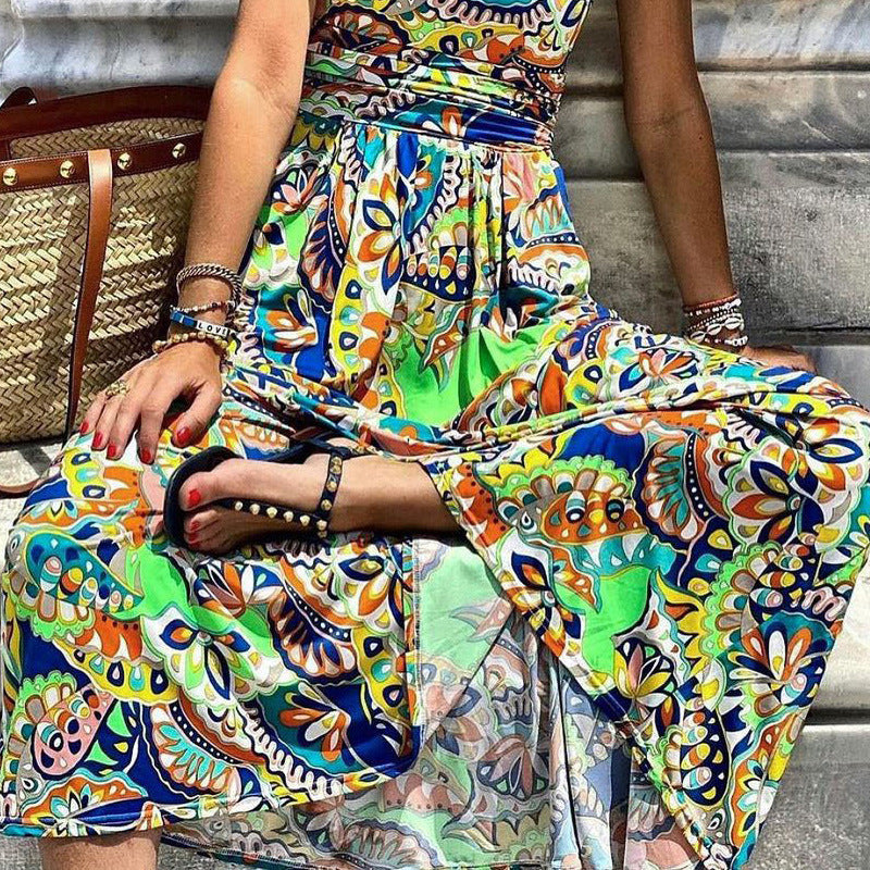 Fd293 Printed One Shoulder Sleeve Bohemian Long Dress