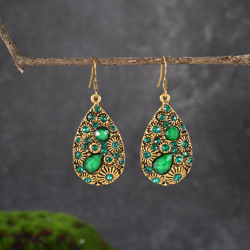Creative Water Drop Gem Inlaid Ancient National Style Earrings