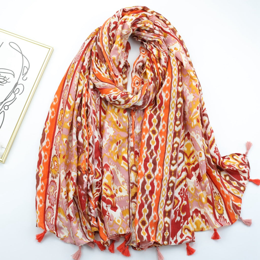 Ethnic style print silk scarf satin simple ladies long scarf spring and summer scarf shawl
