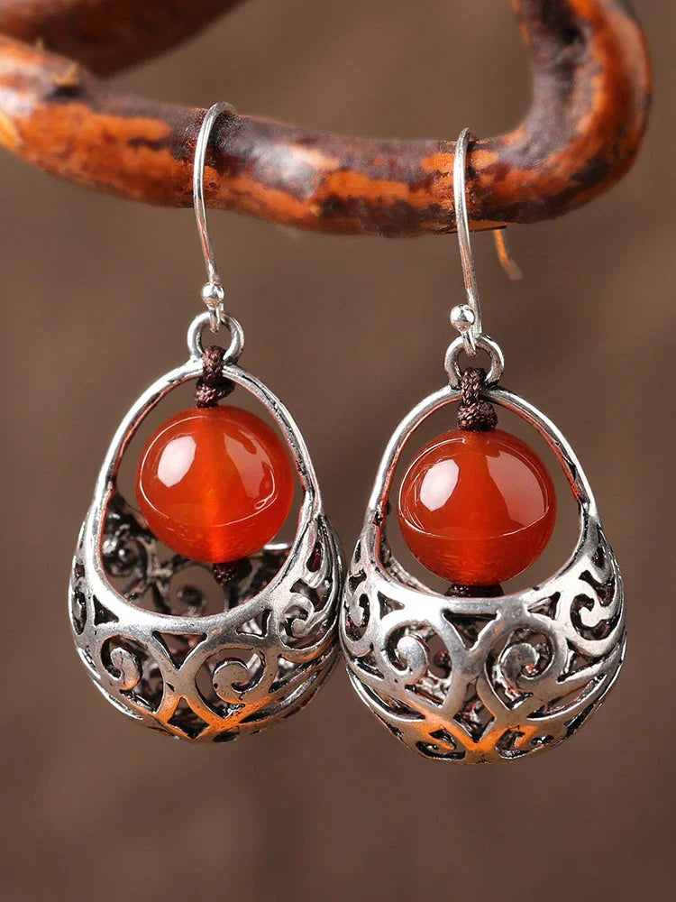 Red agate folk earrings silver earrings retro earrings with cheongsam sterling silver temperament earrings - emogogo