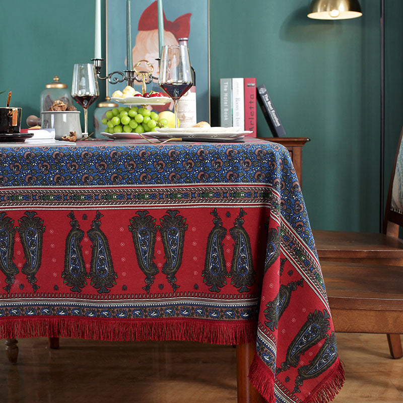 Bohemian cotton and linen printing table linen large pepper home coffee table red tassel rectangular tablecloth