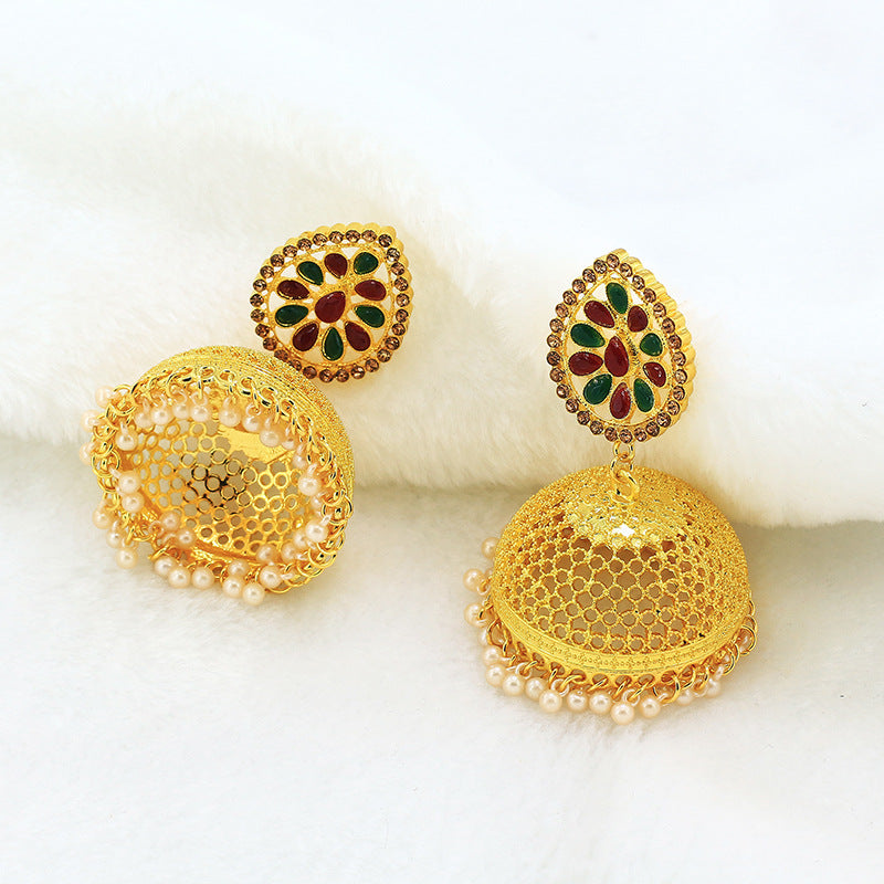 New Nepalese National Style Gold-plated Earrings Bell Pearl Earrings Inlaid with Colored Diamond Palace Retro Earrings