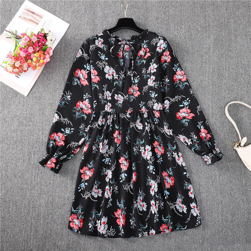 Black background small collar fashion leisure high waist A-line skirt temperament autumn and winter dress women's long sleeves