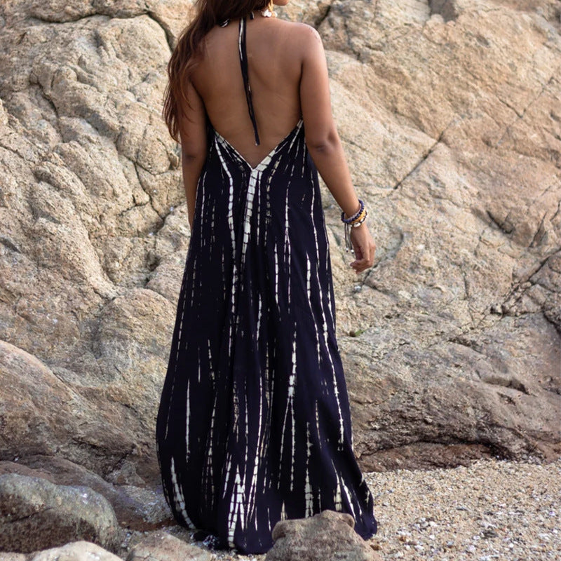 Summer sexy sleeveless halterneck lace-up open-back print dress