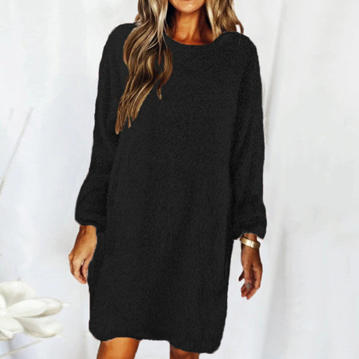 New autumn and winter solid color comfortable plush long sleeve round neck loose dress