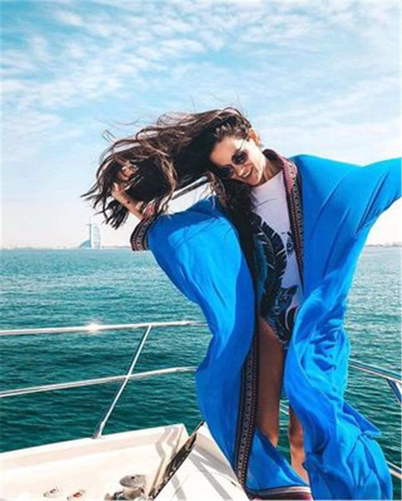 Chiffon Edge Embroidered Loose Beach Blouse Swimsuit Holiday Sun Protection Cardigan