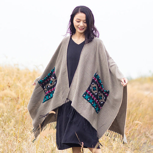 Open Fork Pockets Fethnic Scarf Women with Spring and Autumn Outside with Air-conditioned Shawl Cloak