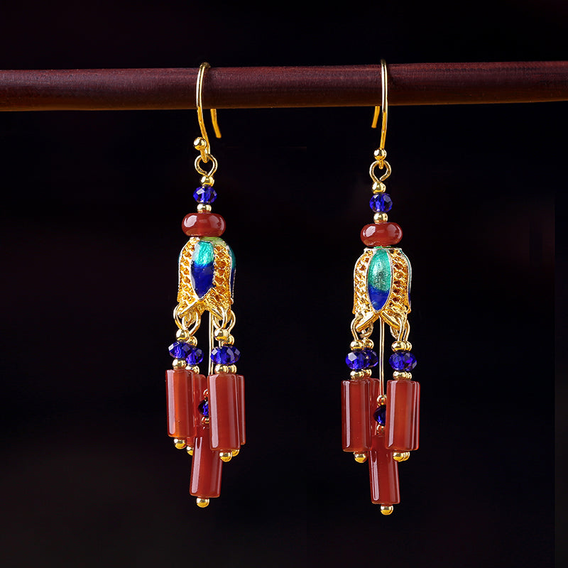 Ethnic Style Retro Red Agate Tassels Fashion Sense Earrings