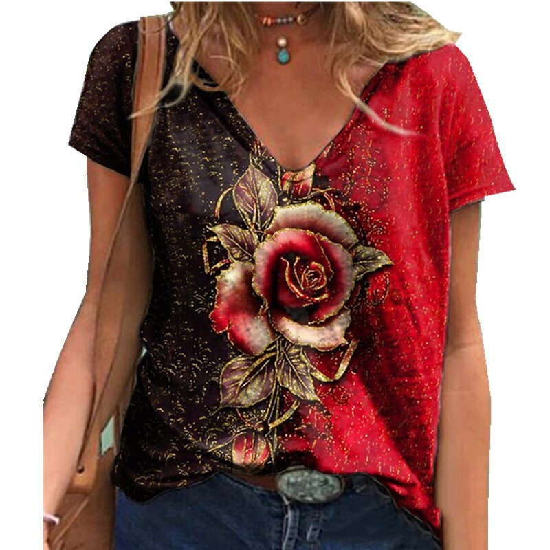 Summer V-neck 3D rose short sleeve loose T-shirt blouse