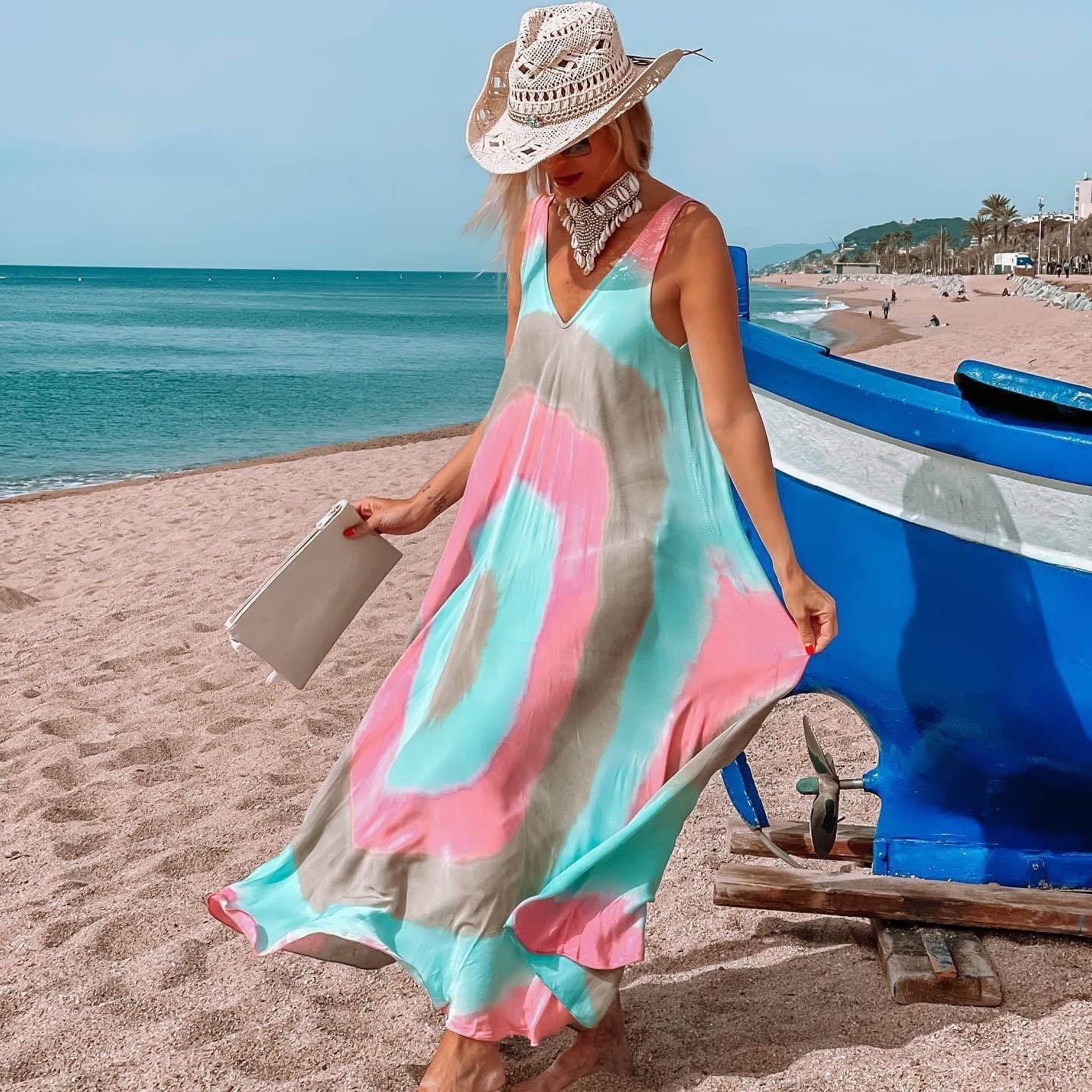 Ladies Print Loose Beach Sleeveless Dress