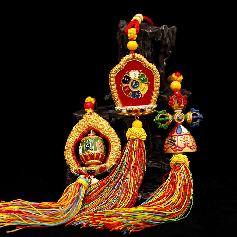Tibetan Ping'an hung with Tantric Ten Phases Free Spinning Drum, Vajra pestle Car Pendant Room Decor Pendant