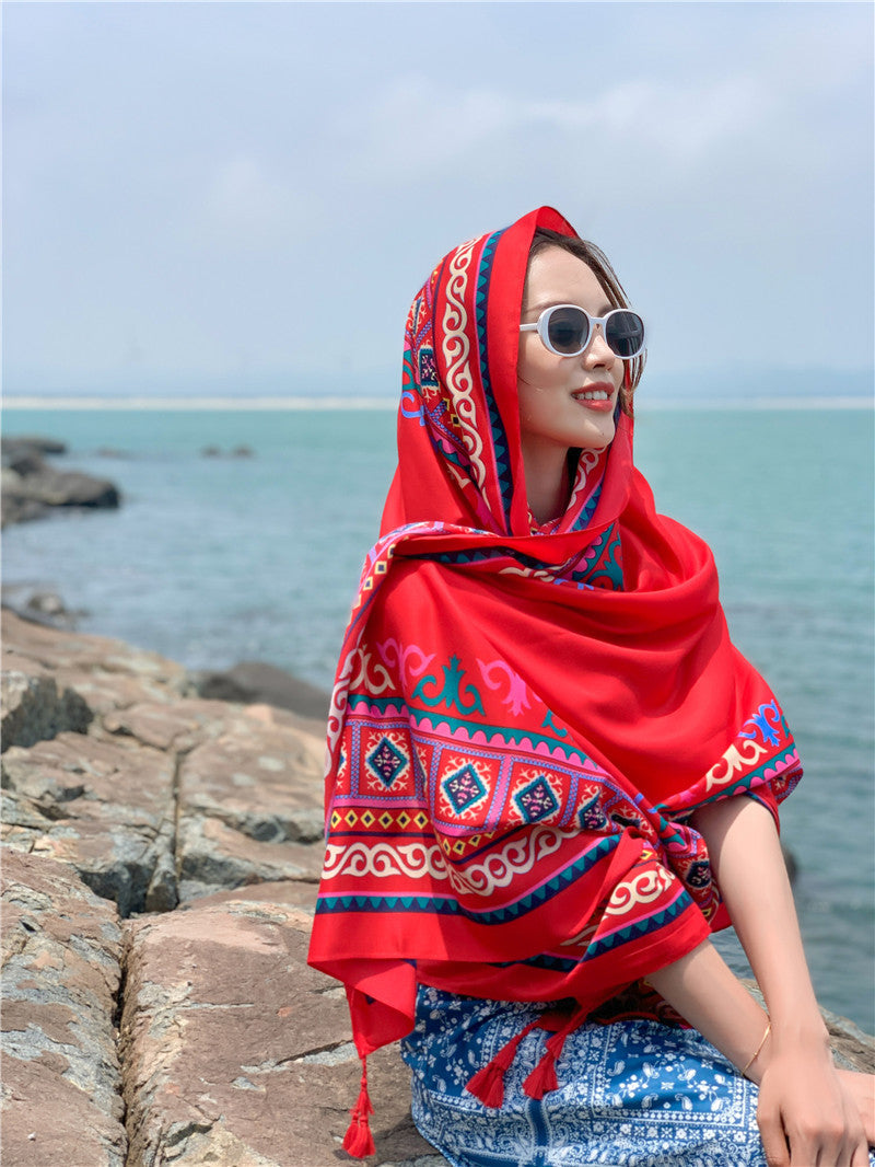 Ethnic summer sun protection desert tourism shawl seaside beach scarf thin holiday scarf shawl red female.