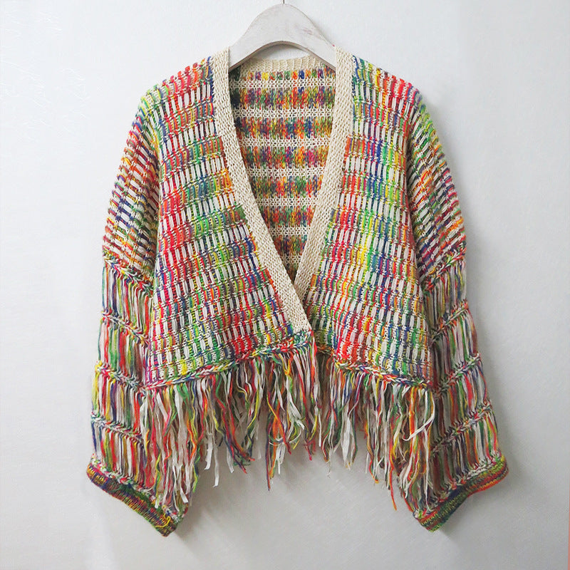 Loose hand-woven rainbow fringed knitted cardigan autumn and winter short sweater coat