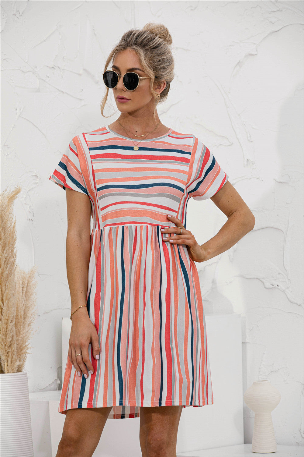 striped-print paneled crew-neck dress