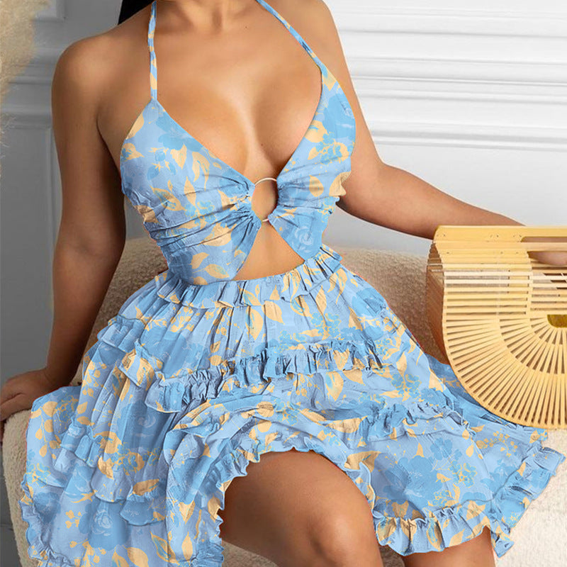 Summer cutout strappy v-neck waist halter print suspender dress