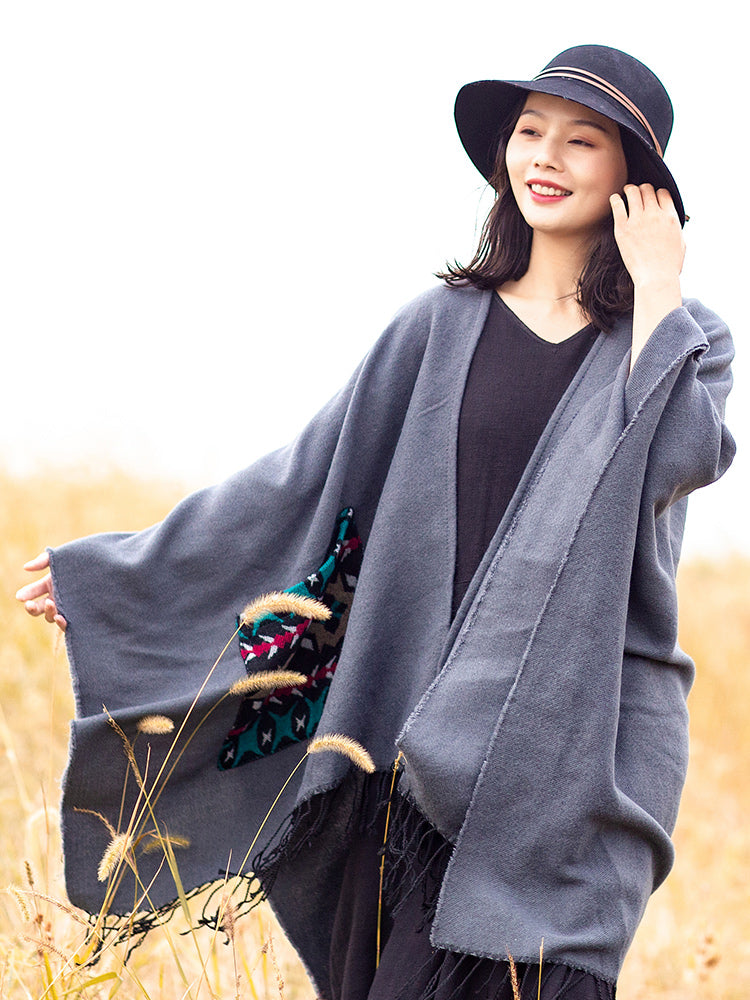 Open Fork Pockets Fethnic Scarf Women with Spring and Autumn Outside with Air-conditioned Shawl Cloak