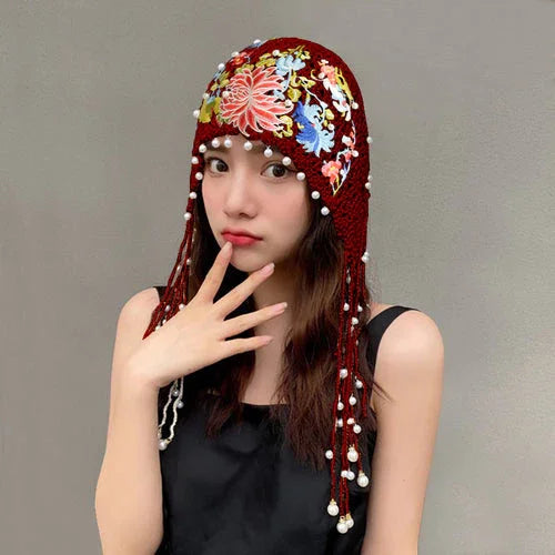 Ethnic style embroidered knitted hat Women's spring and summer versatile ear protection hat - emogogo