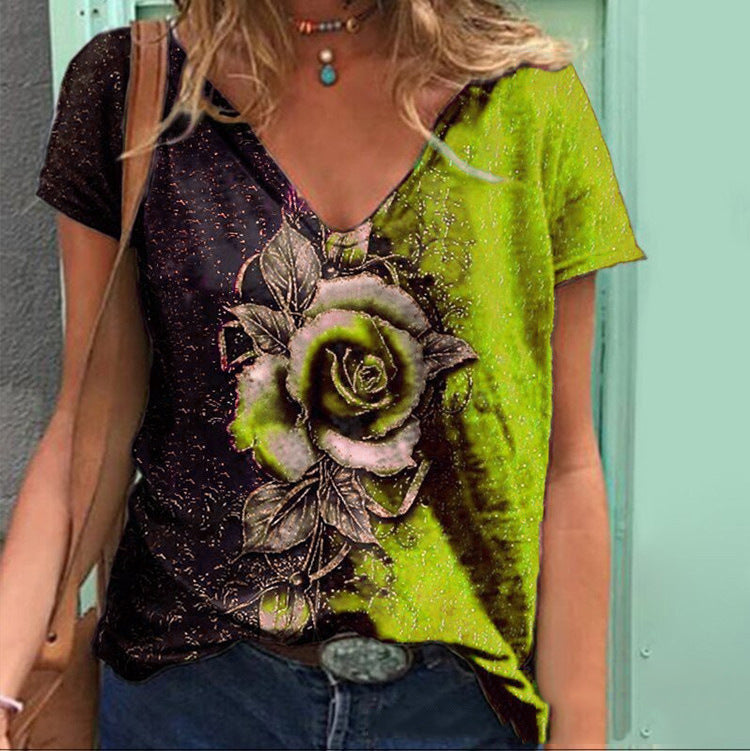 Summer V-neck 3D rose short sleeve loose T-shirt blouse