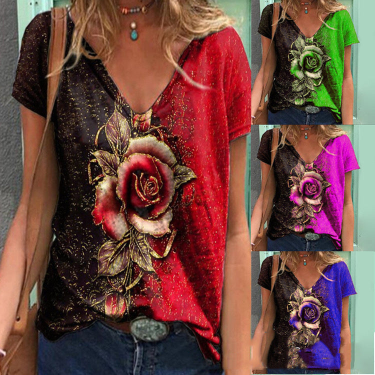 Summer V-neck 3D rose short sleeve loose T-shirt blouse