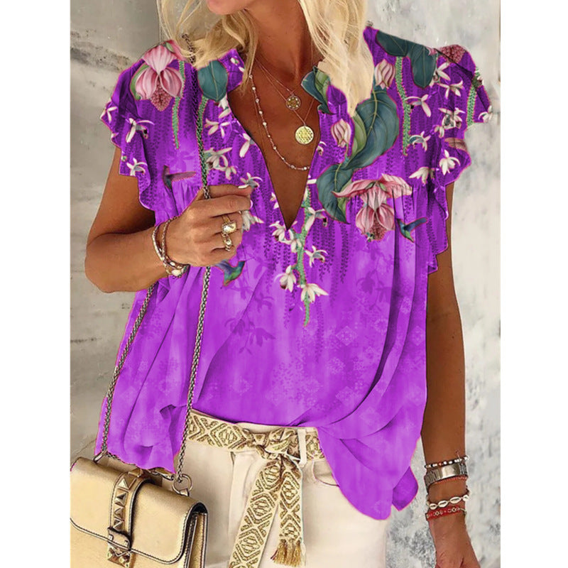 Summer V-neck printed short-sleeved T-shirt plus size jacket