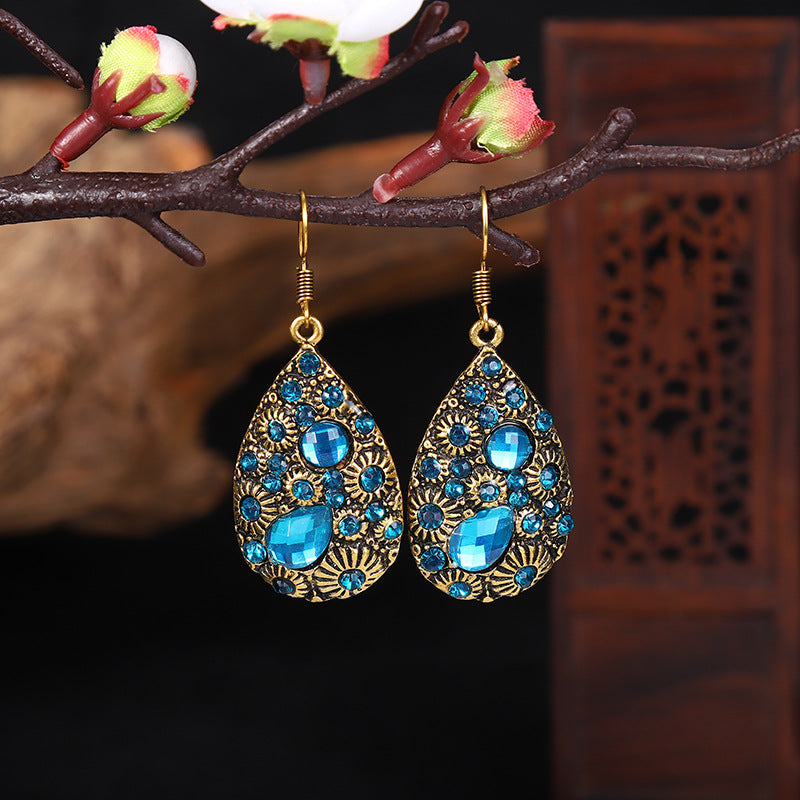 Creative Water Drop Gem Inlaid Ancient National Style Earrings