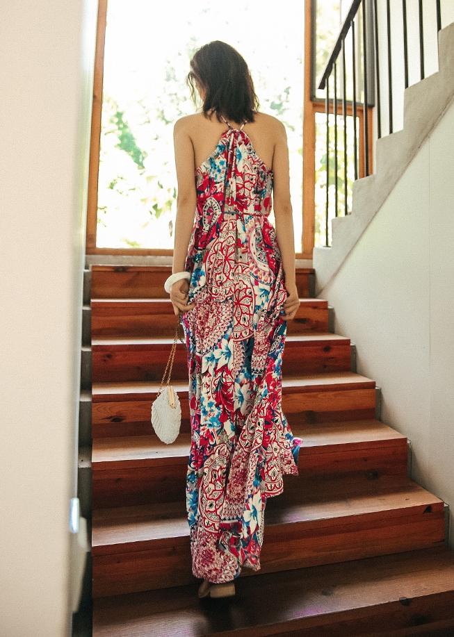 Ethnic Style Summer Bohemian Holiday Thailand Beach Spaghetti-strap Long Dress