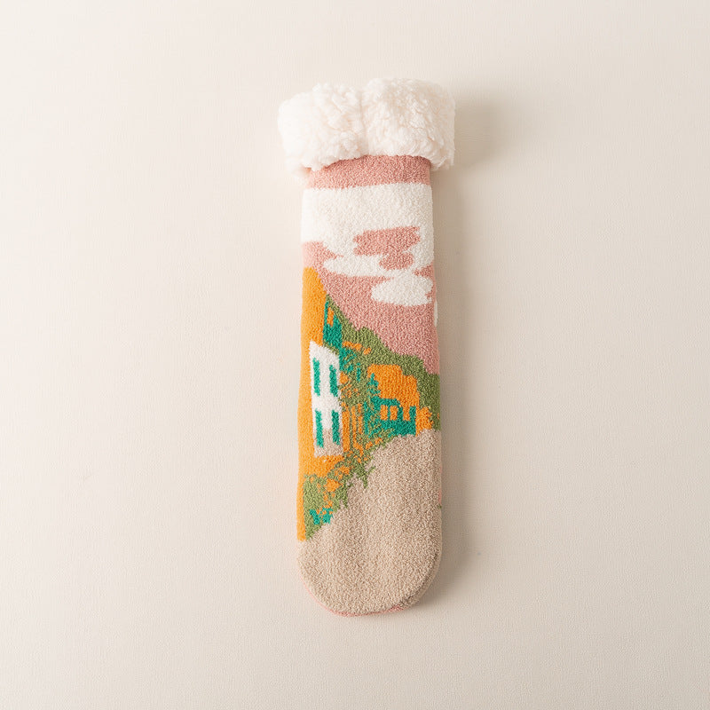 Lamb cashmere stockings children's winter thickened warm home sleep stockings silicone antiskid floor stockings middle tube women's stockings antifreeze - emogogo