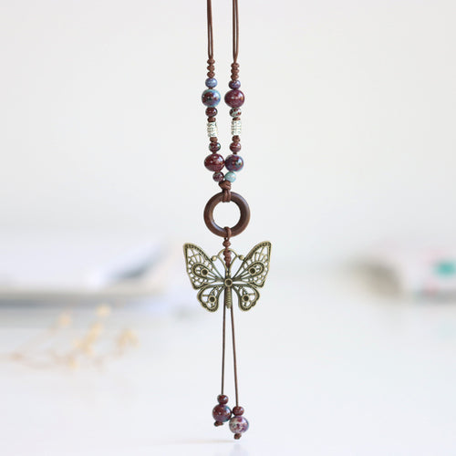Ethnic style ceramic long sweater chain women's antique hanging vintage Chinese style butterfly necklace