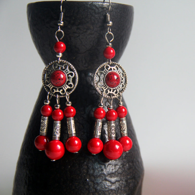 Tibetan pine Stone Earrings long exaggerated transfer Earrings