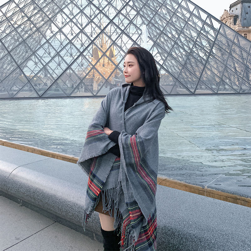 Thickened Warm Hooded Split Cloak Shawl