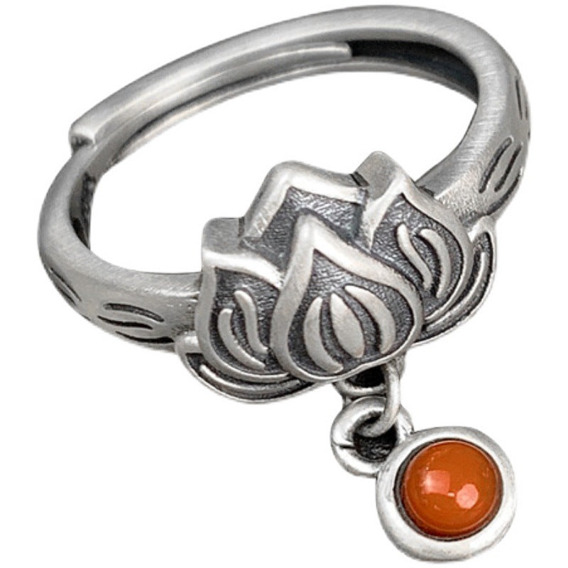 National Cloisonne Lotus S925 Sterling Silver Ring Female Index Finger Ring Niche Design Sense Adjustable Female Ring