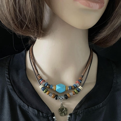 Turquoise Multi-layer Clavicle Chain Ethnic Retro Decoration Girls Cotton and Linen Accessories - emogogo