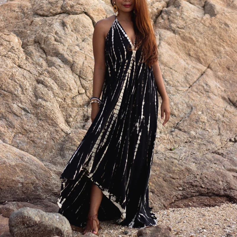 Summer sexy sleeveless halterneck lace-up open-back print dress