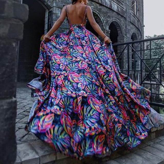 Women's sexy slip print skirt ethnic style beach casual maxi dress
