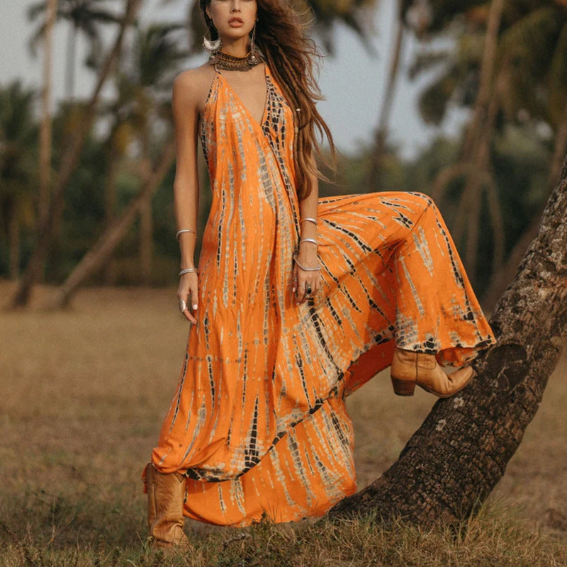 Summer sexy sleeveless halterneck lace-up open-back print dress