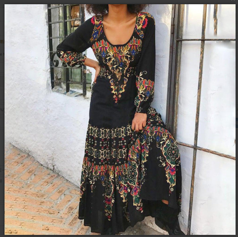 Spring/Summer Printed Crew Neck Long Patchwork Long Sleeve Dress