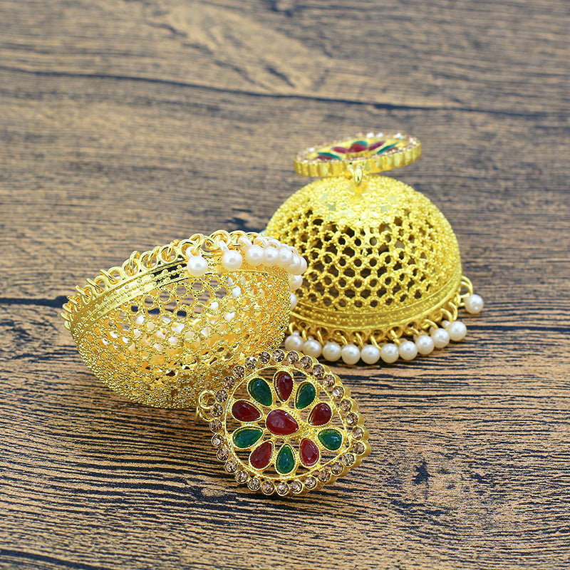 New Nepalese National Style Gold-plated Earrings Bell Pearl Earrings Inlaid with Colored Diamond Palace Retro Earrings