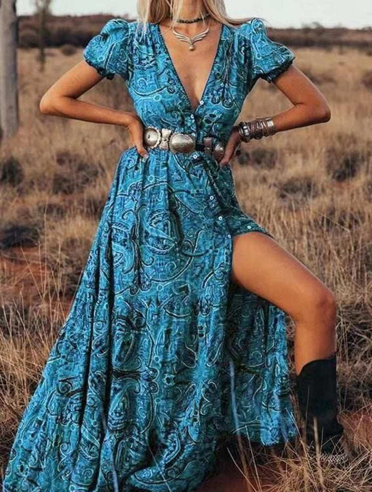 Sexy printed V-neck short-sleeved bohemian holiday dress