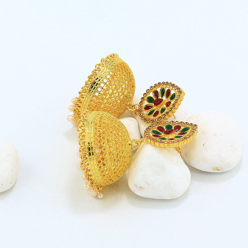 New Nepalese National Style Gold-plated Earrings Bell Pearl Earrings Inlaid with Colored Diamond Palace Retro Earrings