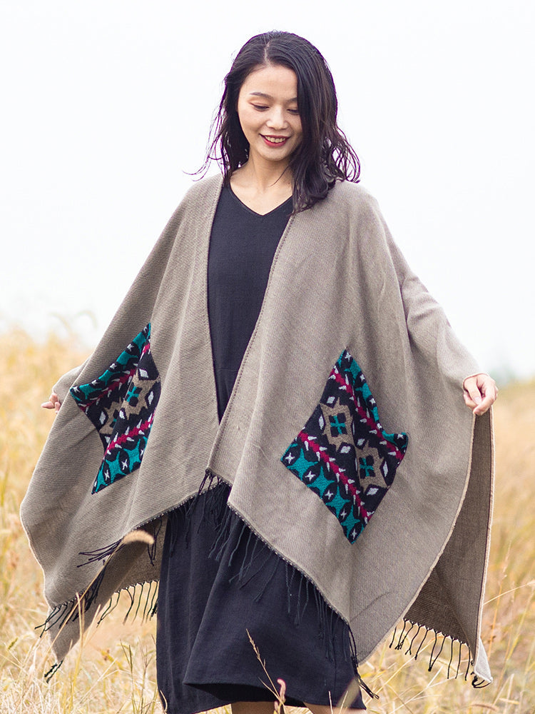 Open Fork Pockets Fethnic Scarf Women with Spring and Autumn Outside with Air-conditioned Shawl Cloak