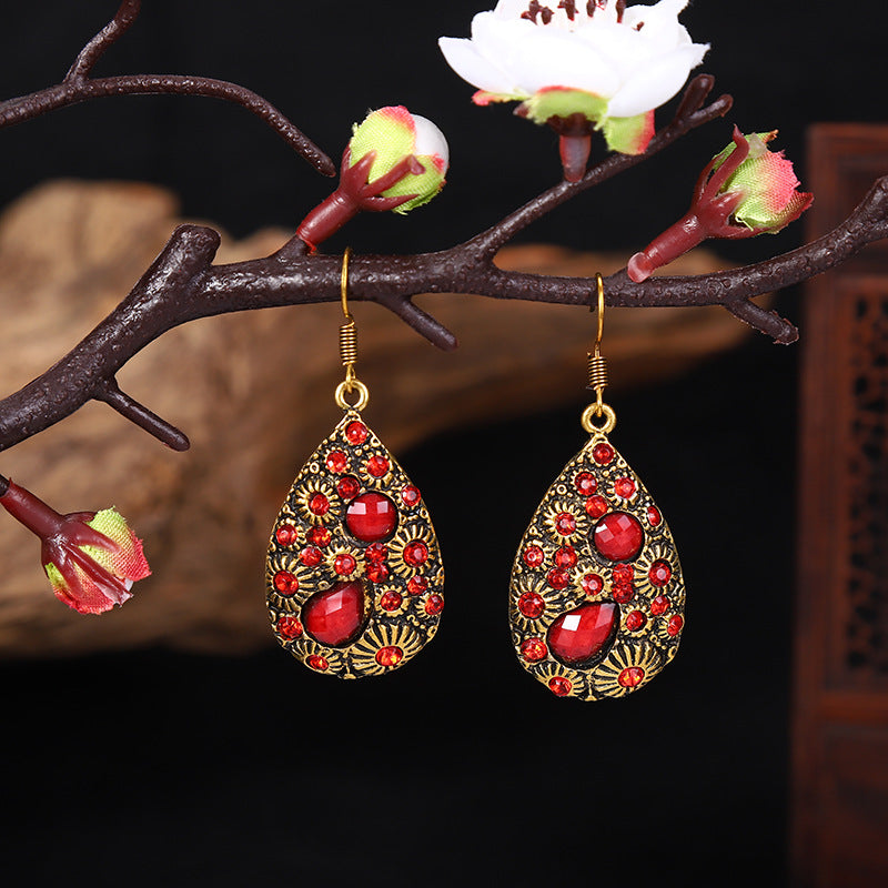 Creative Water Drop Gem Inlaid Ancient National Style Earrings