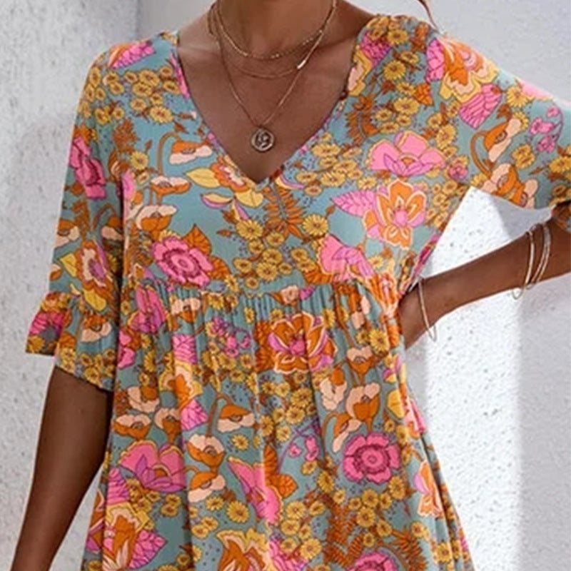 Spring/Summer Ruffled Mid Sleeve Printed Women's Dress with Loose Pleated Dress