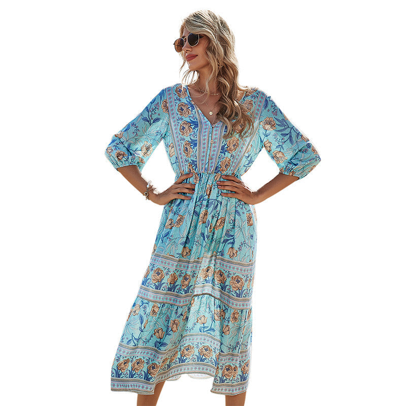 Women's V-neck high-waisted bohemian dress women's mid-length a-line dress