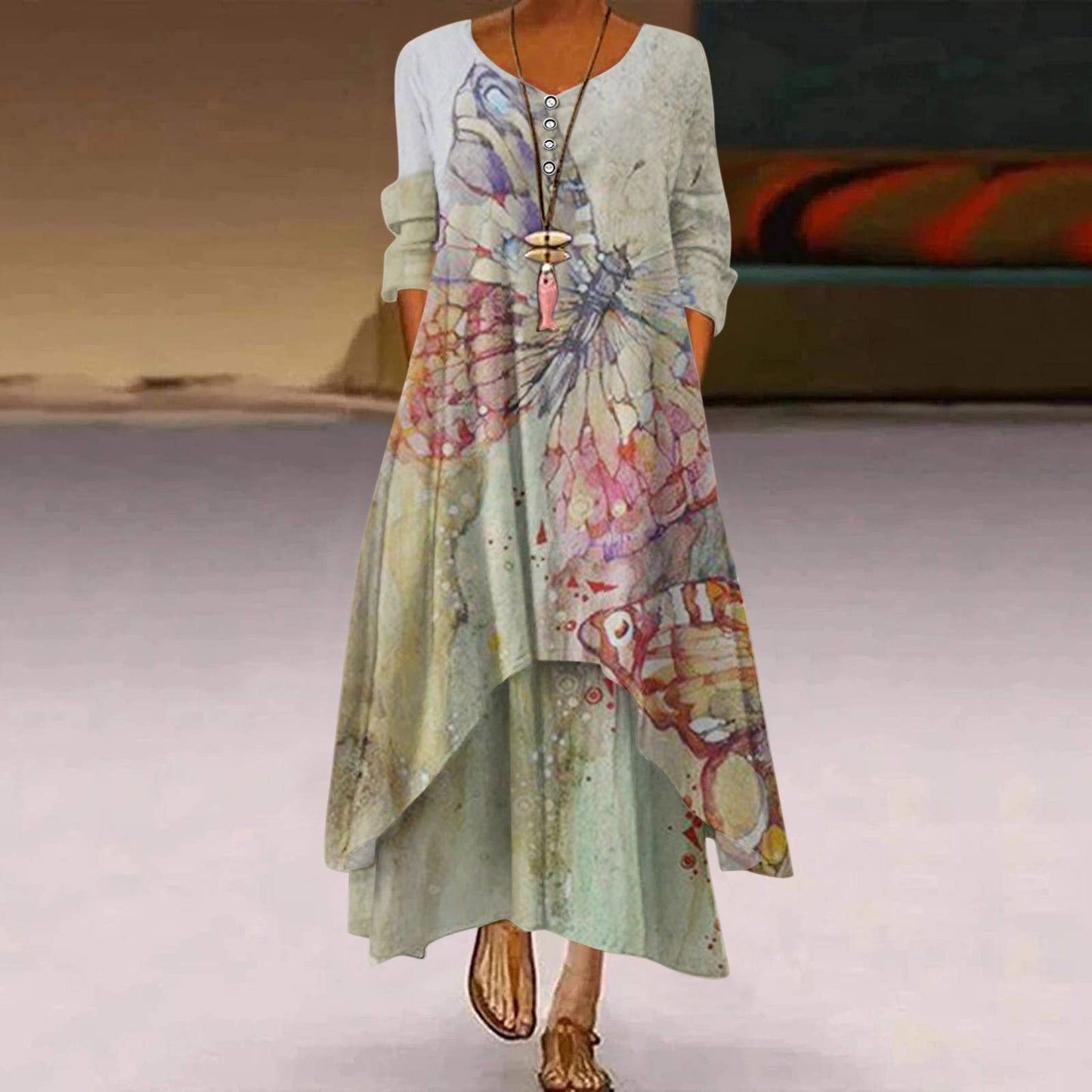 Women's pocket hem printed round neck irregular long sleeve dress