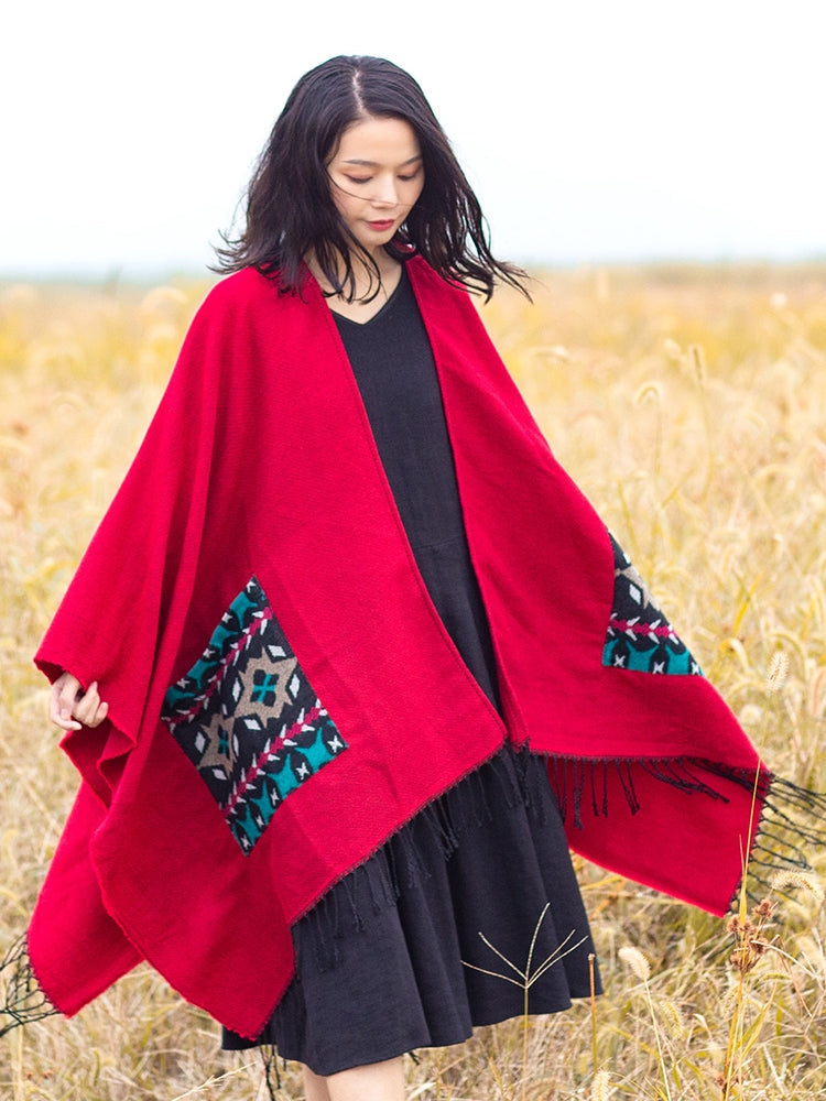 Open Fork Pockets Fethnic Scarf Women with Spring and Autumn Outside with Air-conditioned Shawl Cloak