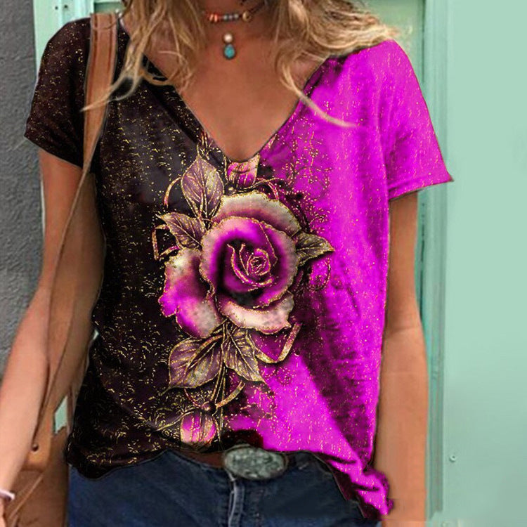 Summer V-neck 3D rose short sleeve loose T-shirt blouse
