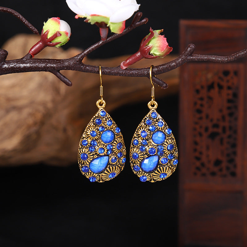 Creative Water Drop Gem Inlaid Ancient National Style Earrings