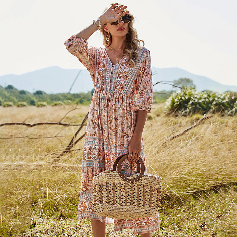 Women's V-neck high-waisted bohemian dress women's mid-length a-line dress