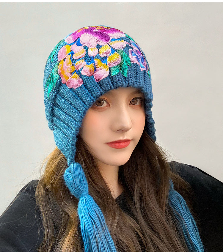 National embroidered women's fall and winter versatile thickened warm ear protection wool hat knitting sweet and lovely